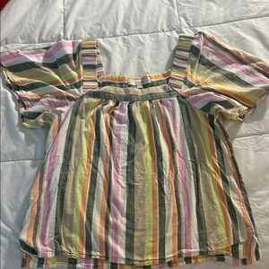 LOFT Multistripe Square-Neck Top in White, Orange, Green, Gray